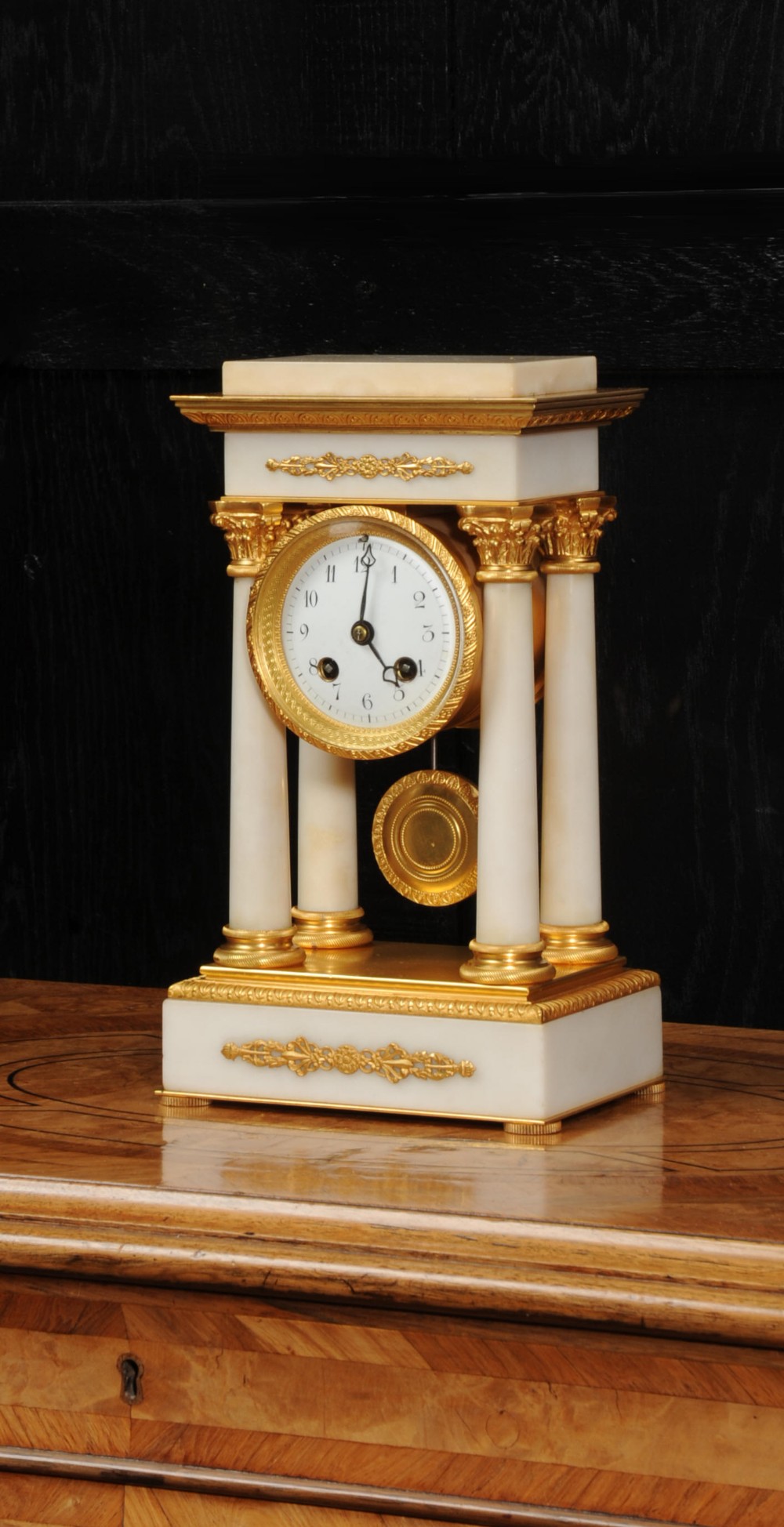 Antique French Ormolu and White Marble Portico Clock