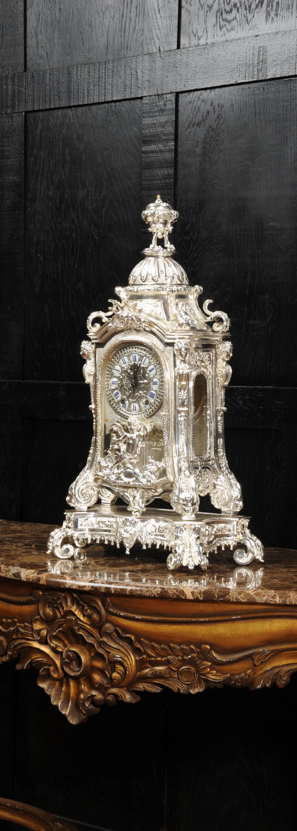 Antique French Bracket Clock Spectacular Louis XIV style Silvered Bronze