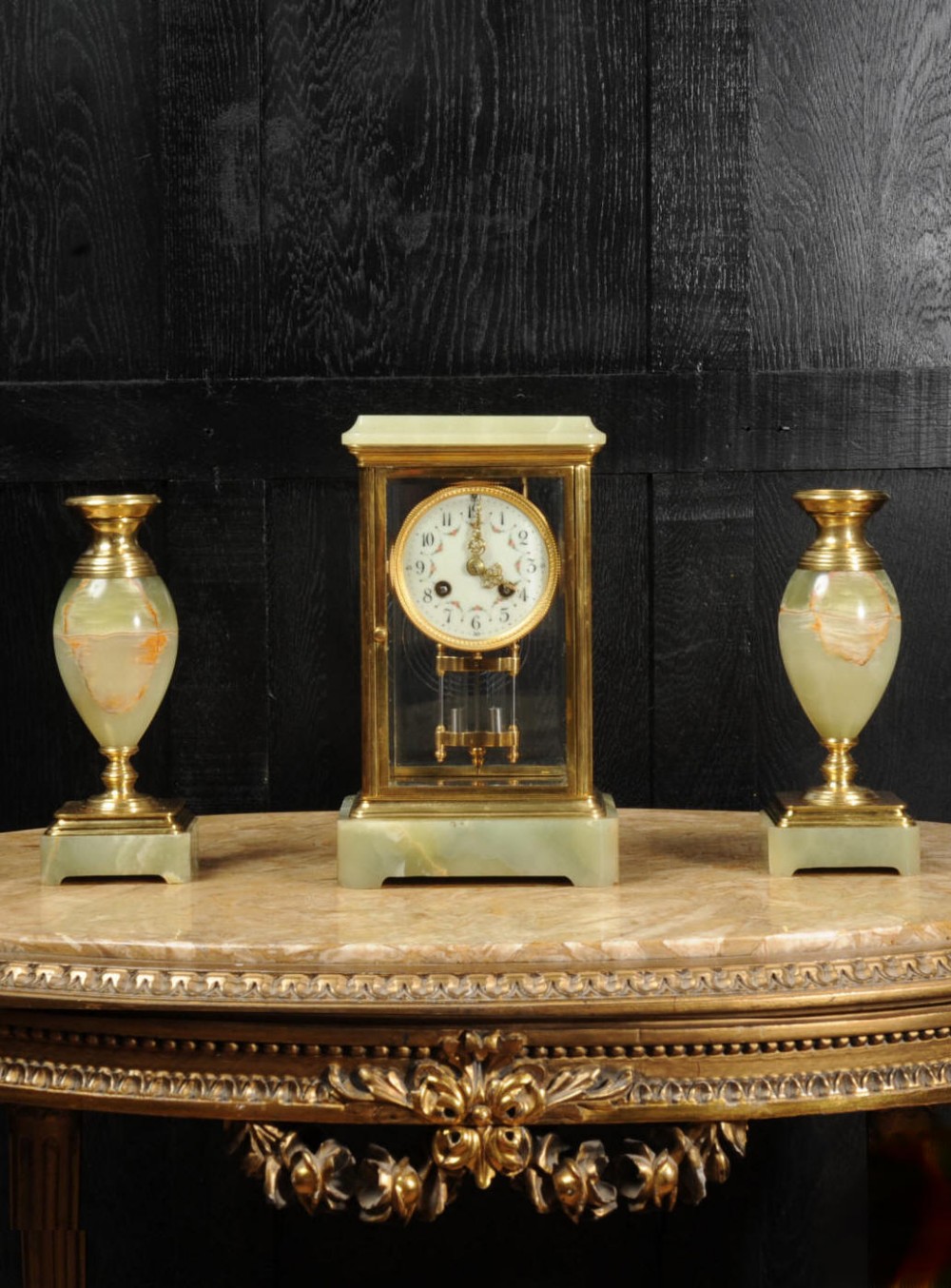 Antique French Four Glass Crystal Regulator Clock Set in Onyx and Ormolu