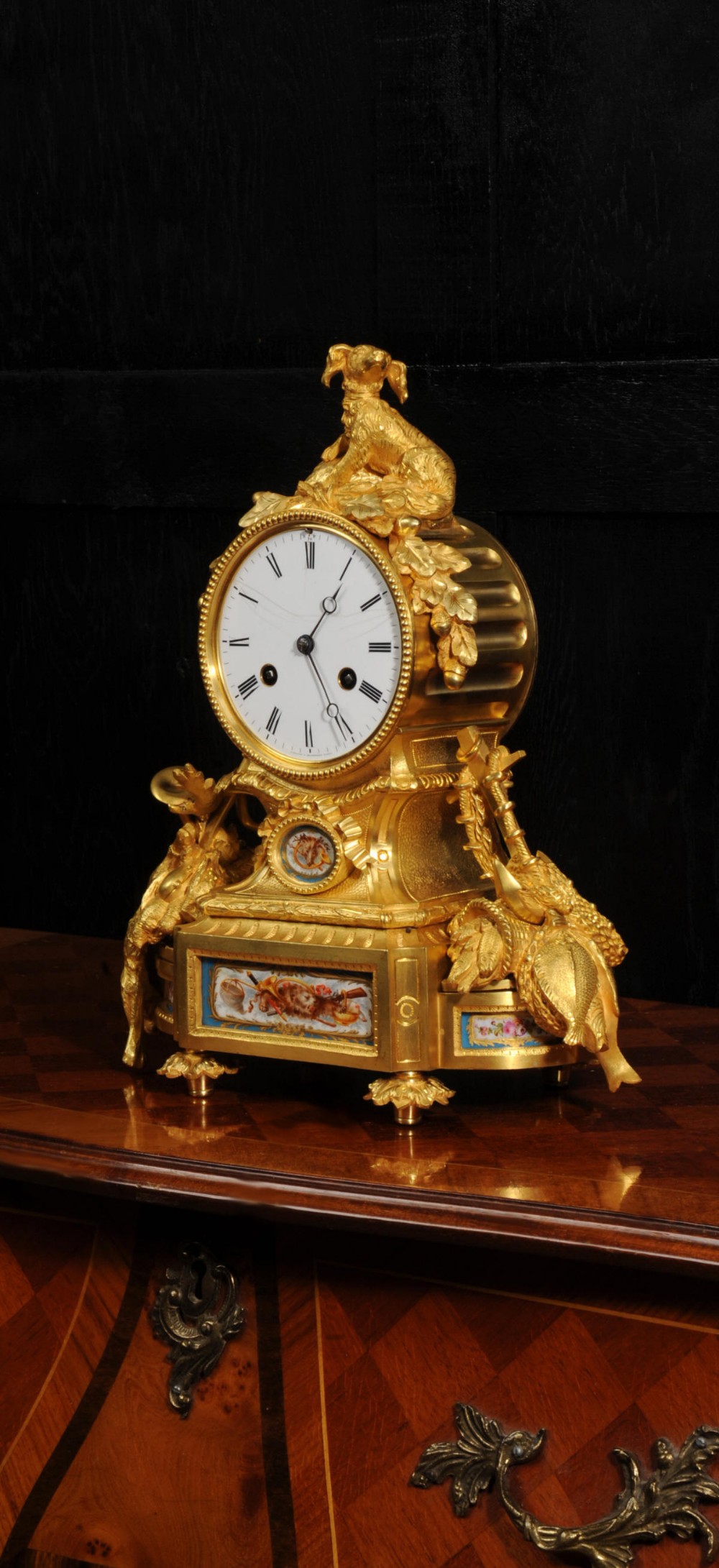 Fine Ormolu and Sevres Porcelain Clock Antique French - Gun Dog
