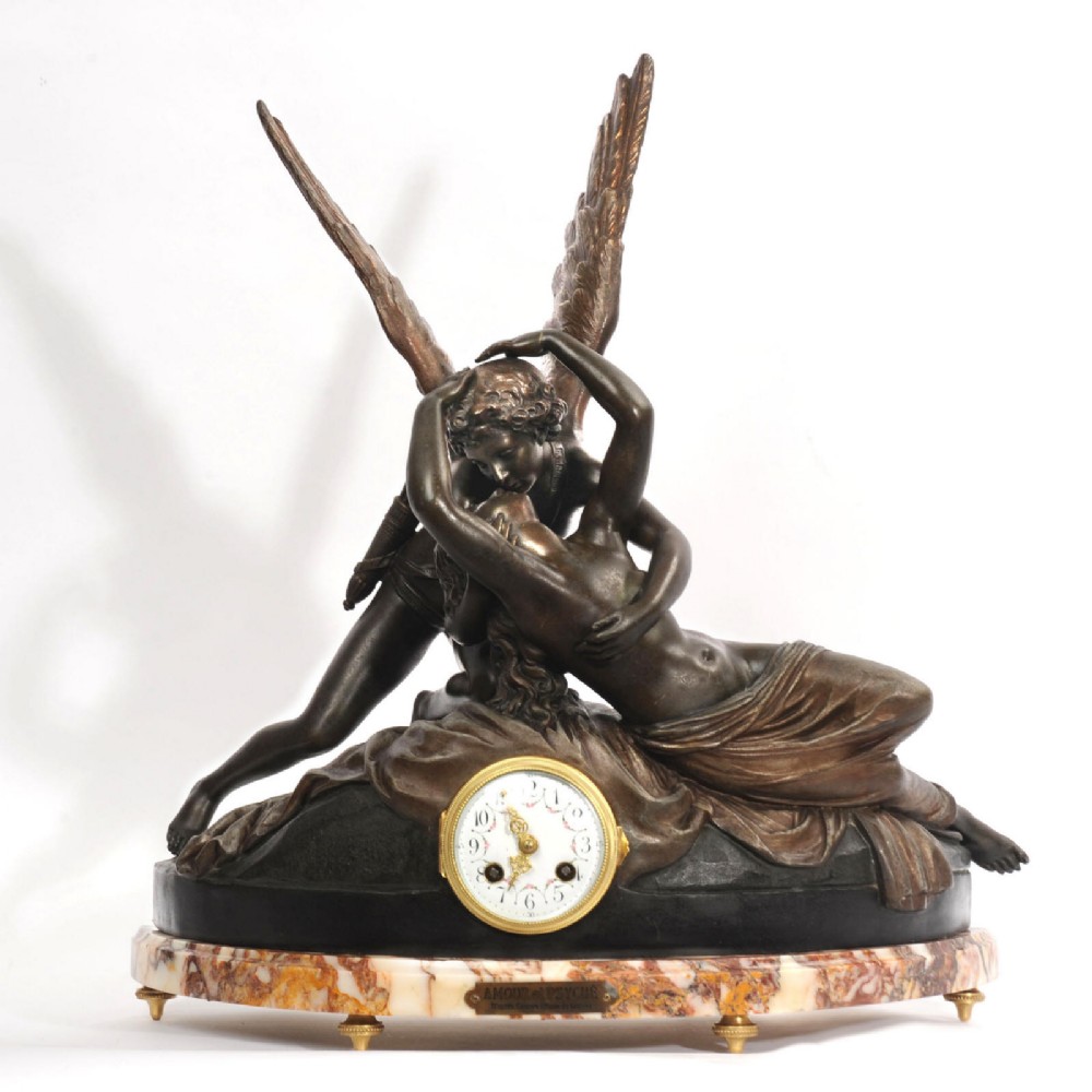 A Fine Antique French Figural Mantel Clock ~Amour et Psyche ~ After Antonio Canova