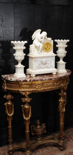EARLY ANTIQUE FRENCH ALABASTER CLOCK SET CUPID AFTER ETIENNE MAURICE FALCONET 17161791