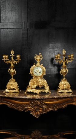 LARGE ANTIQUE FRENCH ROCOCO GILT BRONZE CLOCK SET