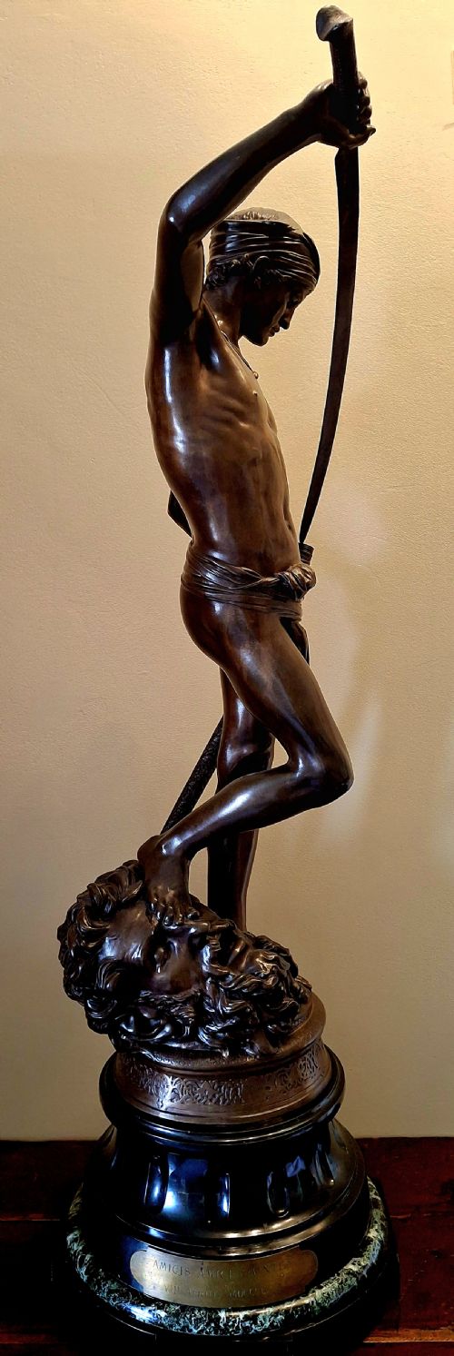 BRONZE STATUE OF DAVID AND GOLIATH ANTONIN MERCI DAVID VAINQUEUR 1880 - ADDITIONAL PHOTO 8