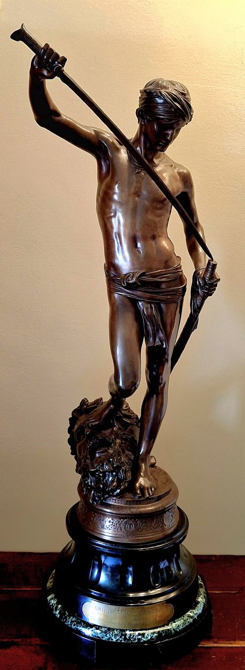 BRONZE STATUE OF DAVID AND GOLIATH ANTONIN MERCI DAVID VAINQUEUR 1880 - ADDITIONAL PHOTO 11