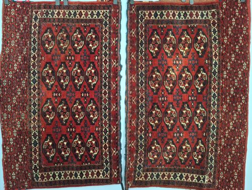 Rare Antique Pair Turkoman Tekke Tribal Chuvals (Carpet) #1. Circa 1910.