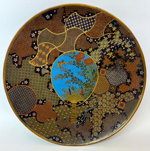 Masterpiece Japanese Cloisonne Charger. Chrysanthemums, Butterfly and Frog. Circa 1890.