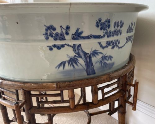 A LARGE 19TH C CHINESE BLUE AND WHITE BOWL WITH BAMBOO STAND - ADDITIONAL PHOTO 4