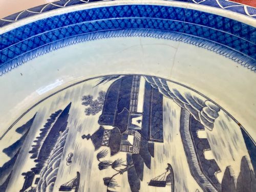 A LARGE 19TH C CHINESE BLUE AND WHITE BOWL WITH BAMBOO STAND - ADDITIONAL PHOTO 8