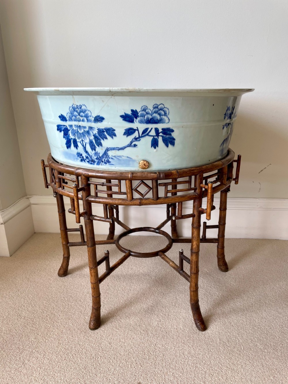 A large 19th c. Chinese blue and white bowl with bamboo stand. View III