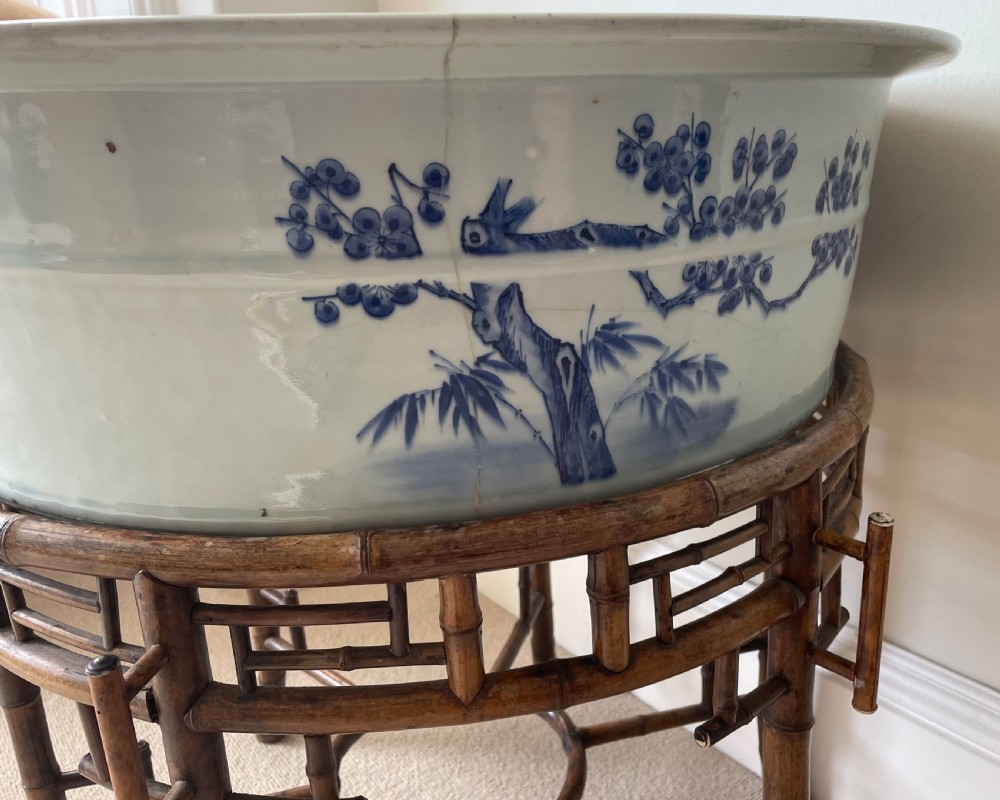A large 19th c. Chinese blue and white bowl with bamboo stand. View V