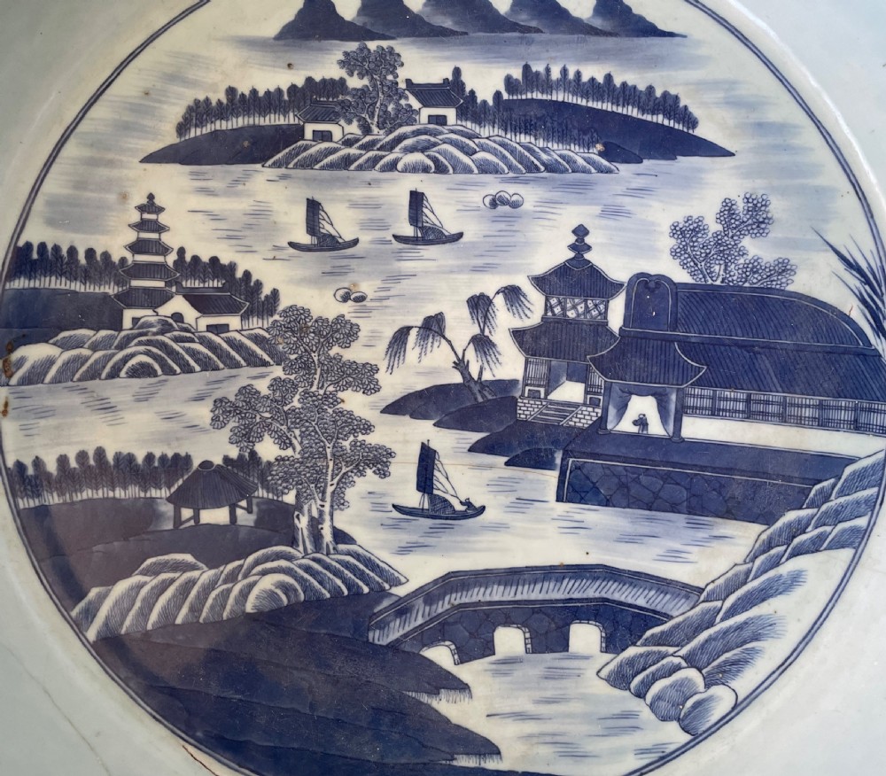 A large 19th c. Chinese blue and white bowl with bamboo stand. View VI