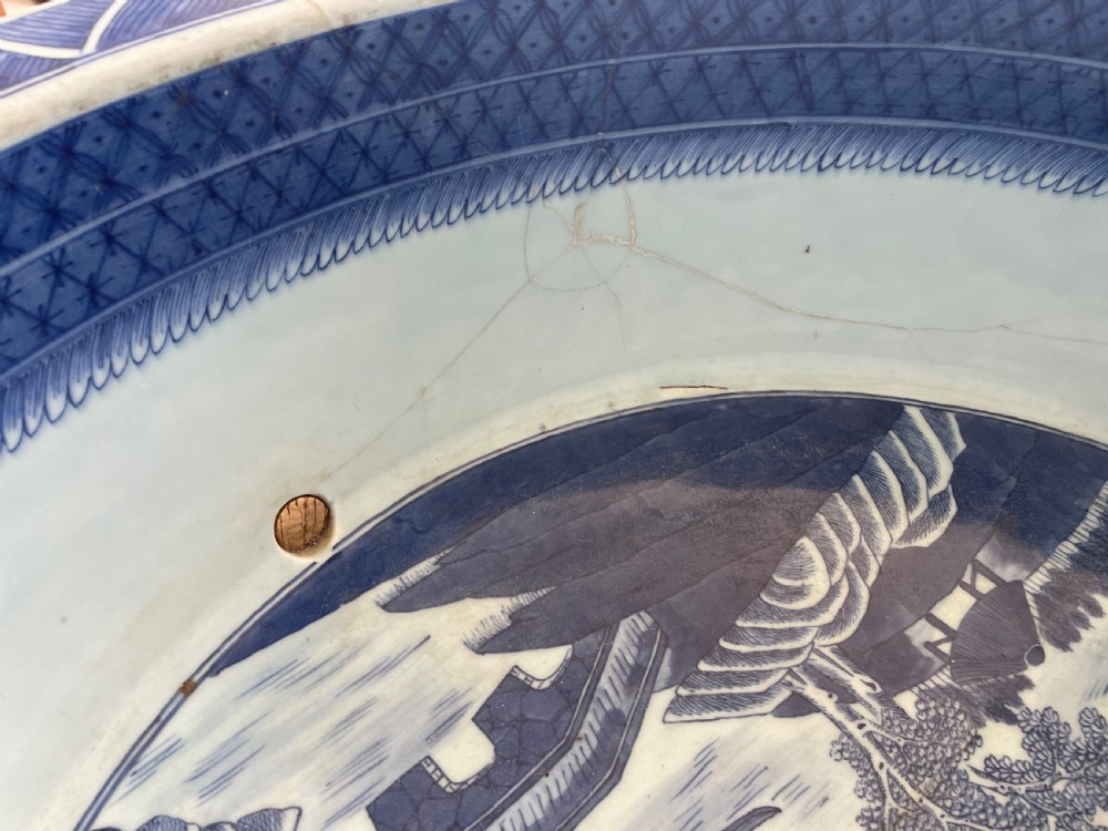 A large 19th c. Chinese blue and white bowl with bamboo stand. View VII