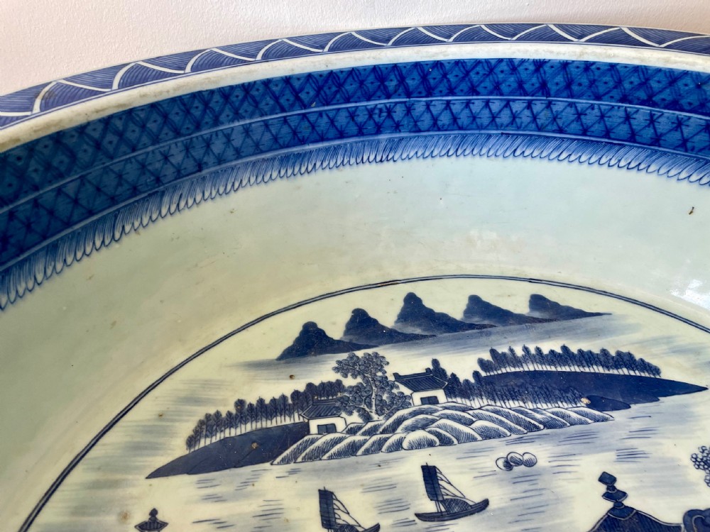 A large 19th c. Chinese blue and white bowl with bamboo stand. View VIII
