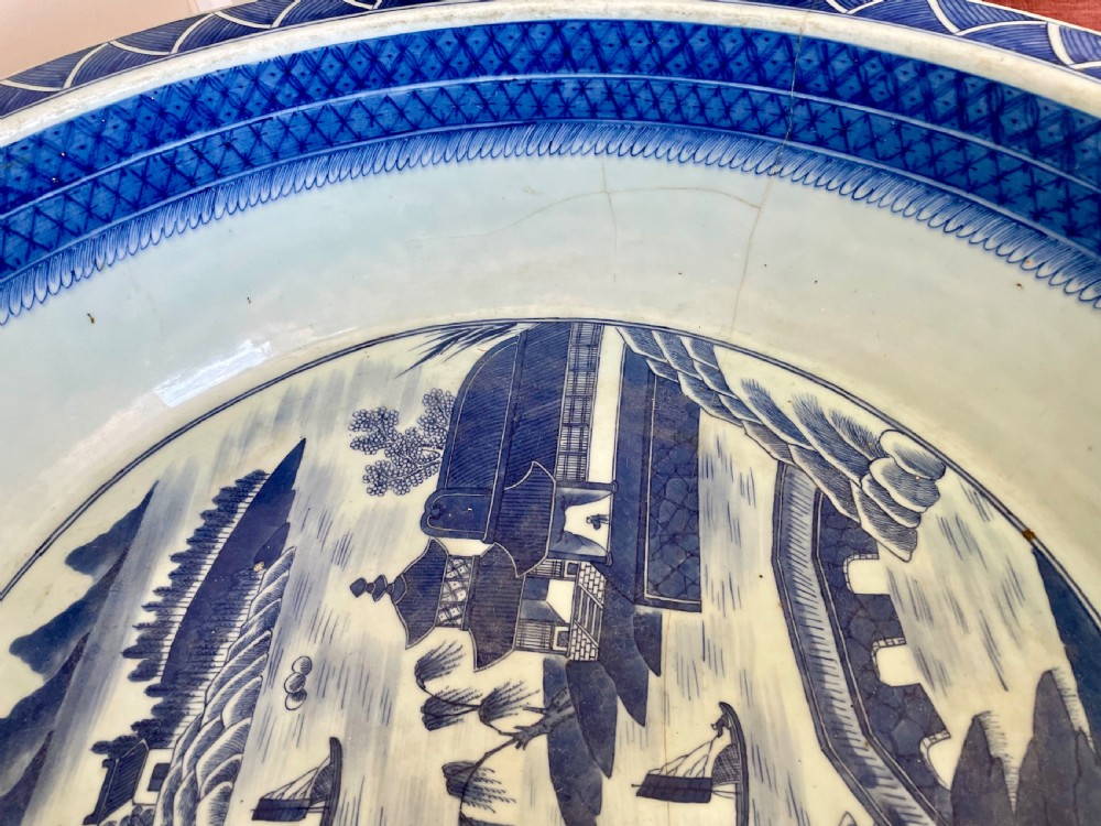 A large 19th c. Chinese blue and white bowl with bamboo stand. View IX