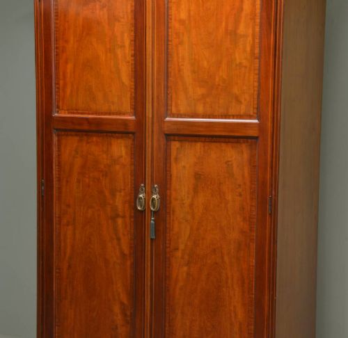 fig 2. Victorian Mahogany Antique Double Wardrobe with Cross Banding Detail.