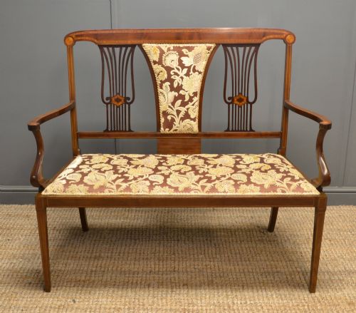Quality Edwardian Inlaid Mahogany Antique Parlour Seat / Bench.