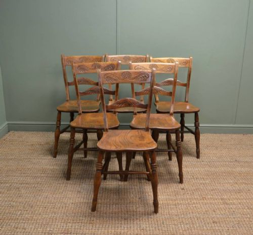Set of Six Victorian Elm Antique Country Kitchen Chairs.