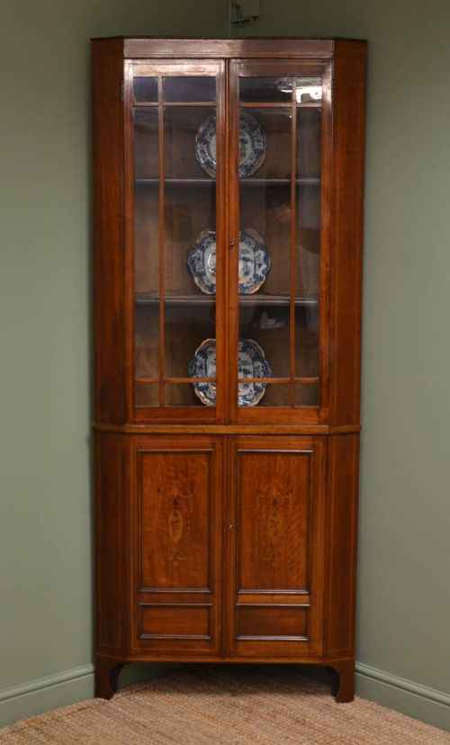 Edwardian, Inlaid Mahogany, Antique Floor Standing Corner Cupboard.