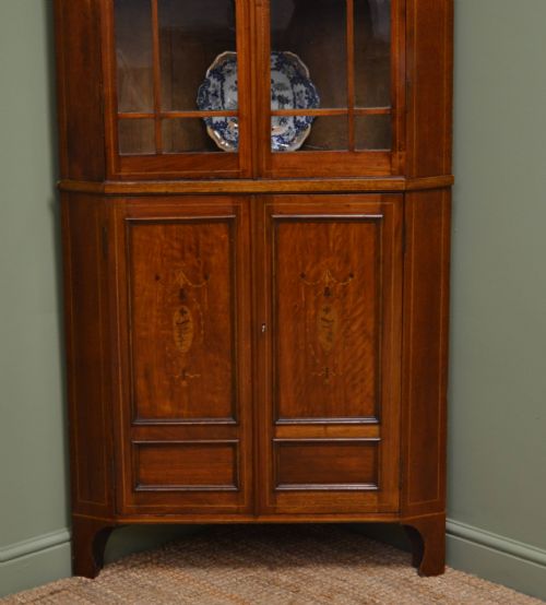 fig 1. Edwardian, Inlaid Mahogany, Antique Floor Standing Corner Cupboard.