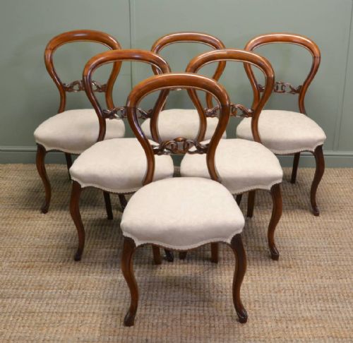 Set of Six Victorian Walnut Antique Balloon Back Dining Chairs