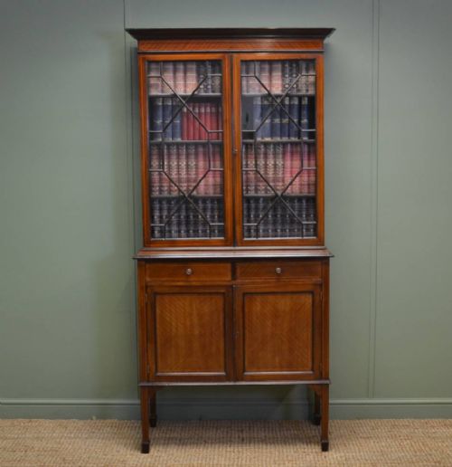 Edwardian Mahogany Antique Glazed Bookcase on Cupboard