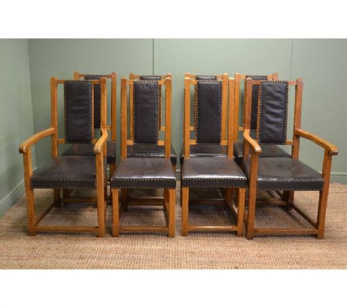 Unusual, Set of Eight, Arts & Crafts Antique Oak Dining Chairs