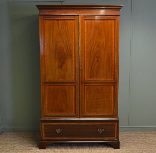 Large Edwardian Inlaid Mahogany Antique Double Wardrobe