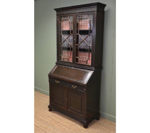 Edwardian Walnut Antique Bureau Bookcase with Blind Fretwork Carving.