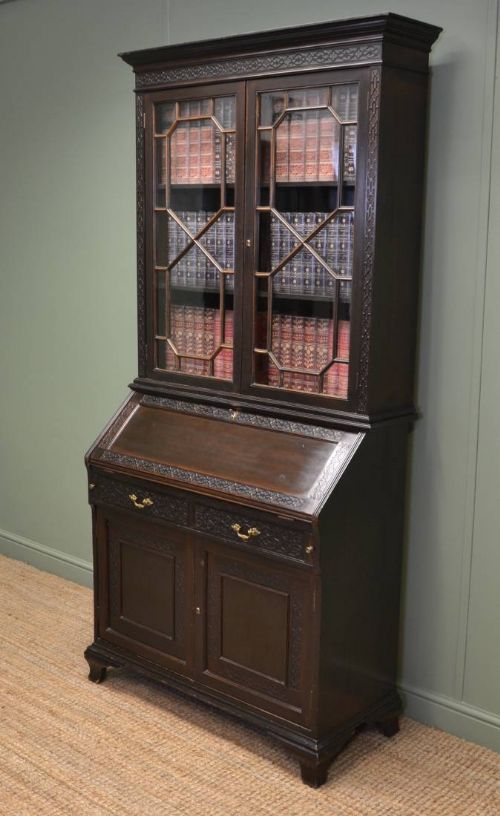 fig 1. Edwardian Walnut Antique Bureau Bookcase with Blind Fretwork Carving.