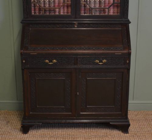 fig 2. Edwardian Walnut Antique Bureau Bookcase with Blind Fretwork Carving.