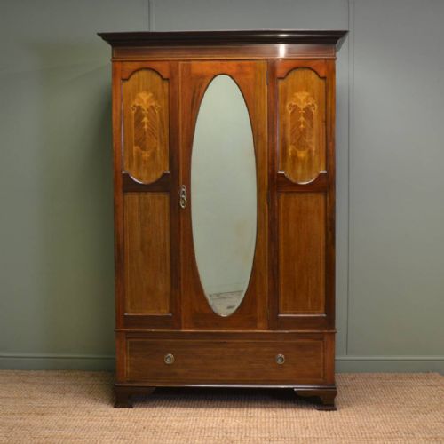 Inlaid Edwardian Mahogany Antique, Mirrored, Double Wardrobe