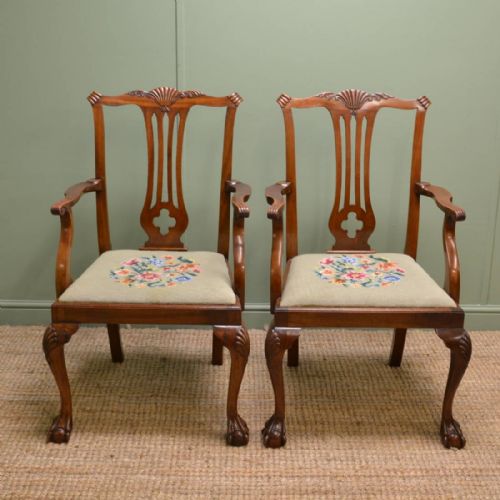 Pair of Edwardian, Chippendale Style, Mahogany Antique Carver Armchairs