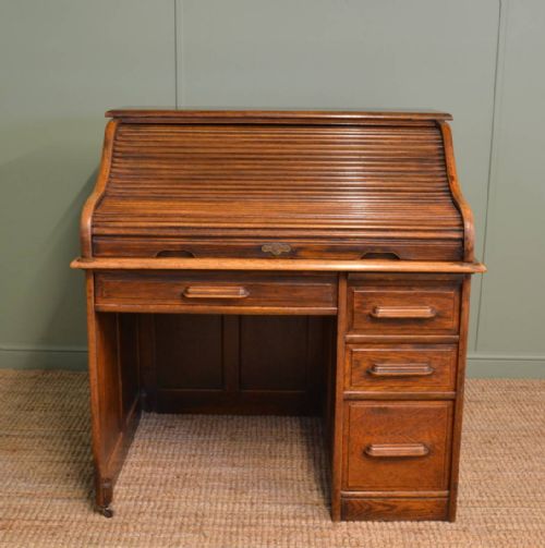 Edwardian Oak Roll Top / Tambour Front Antique Desk