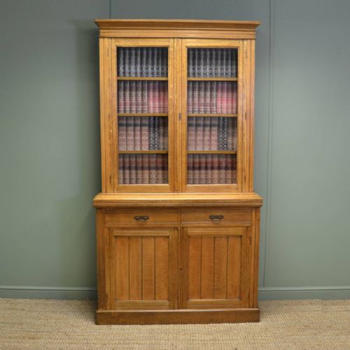 Golden Oak Antique Victorian Glazed Bookcase on Cupboard