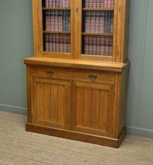 fig 1. Golden Oak Antique Victorian Glazed Bookcase on Cupboard