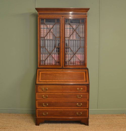 Quality Inlaid Edwardian Mahogany Antique Bureau Bookcase