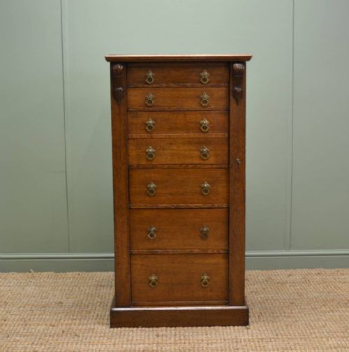 Characterful Antique Victorian Oak Wellington Chest with Secretaire Drawer