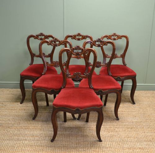 Set of Six Antique Victorian Mahogany Ornately Carved Balloon Back Chairs
