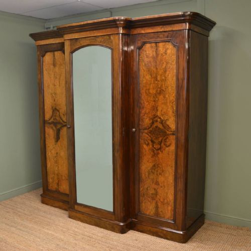 Figured Walnut, Antique Victorian, Large Break Fronted Triple Wardrobe
