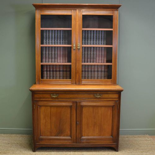 Large Victorian Walnut Arts & Crafts Glazed Antique Bookcase.