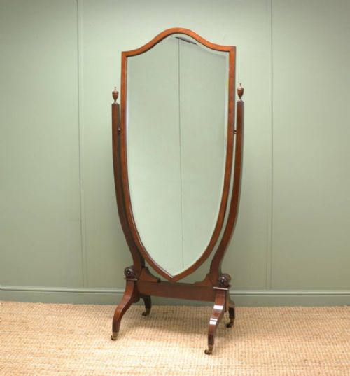 Large Victorian Inlaid Mahogany Full Length Antique Cheval Mirror