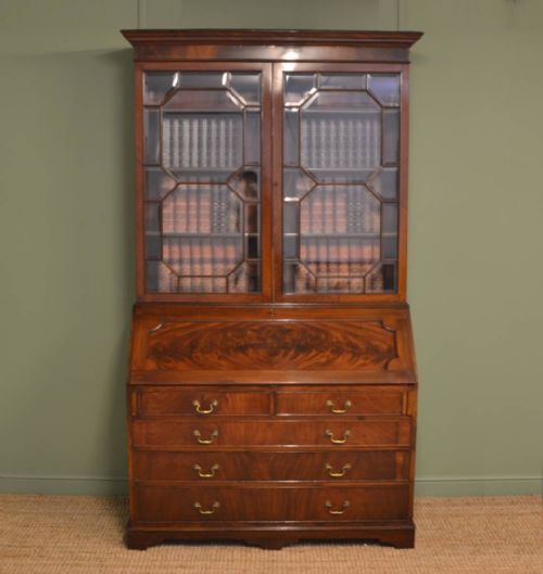 Fine Quality Large Antique Edwardian Mahogany Bureau Bookcase