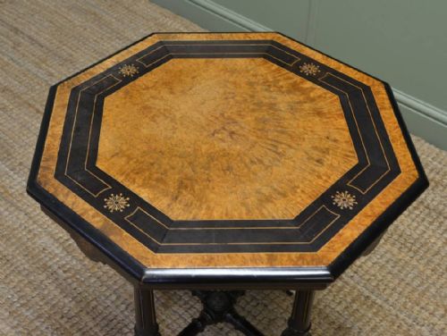 fig 1. Quality Victorian Arts & Crafts Burr Walnut & Ebonised Occasional Table.