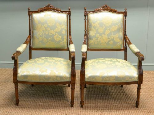 Quality Pair of Antique Walnut French Fauteuils / Arm Chairs.