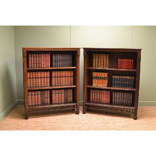 fig 1. Unusual Pair of Victorian Oak Arts & Crafts Antique Open Bookcases