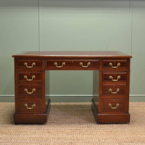 Quality Victorian Walnut Antique Pedestal Desk with Leather Top