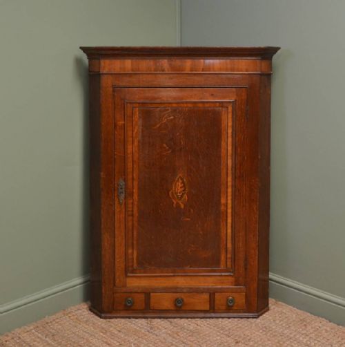 George III Country Oak Antique Corner Cupboard with Shell Inlay.
