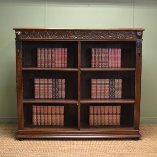 Large Victorian Oak Antique Open Bookcase with Lion Head Carvings