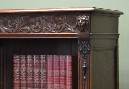fig 2. Large Victorian Oak Antique Open Bookcase with Lion Head Carvings